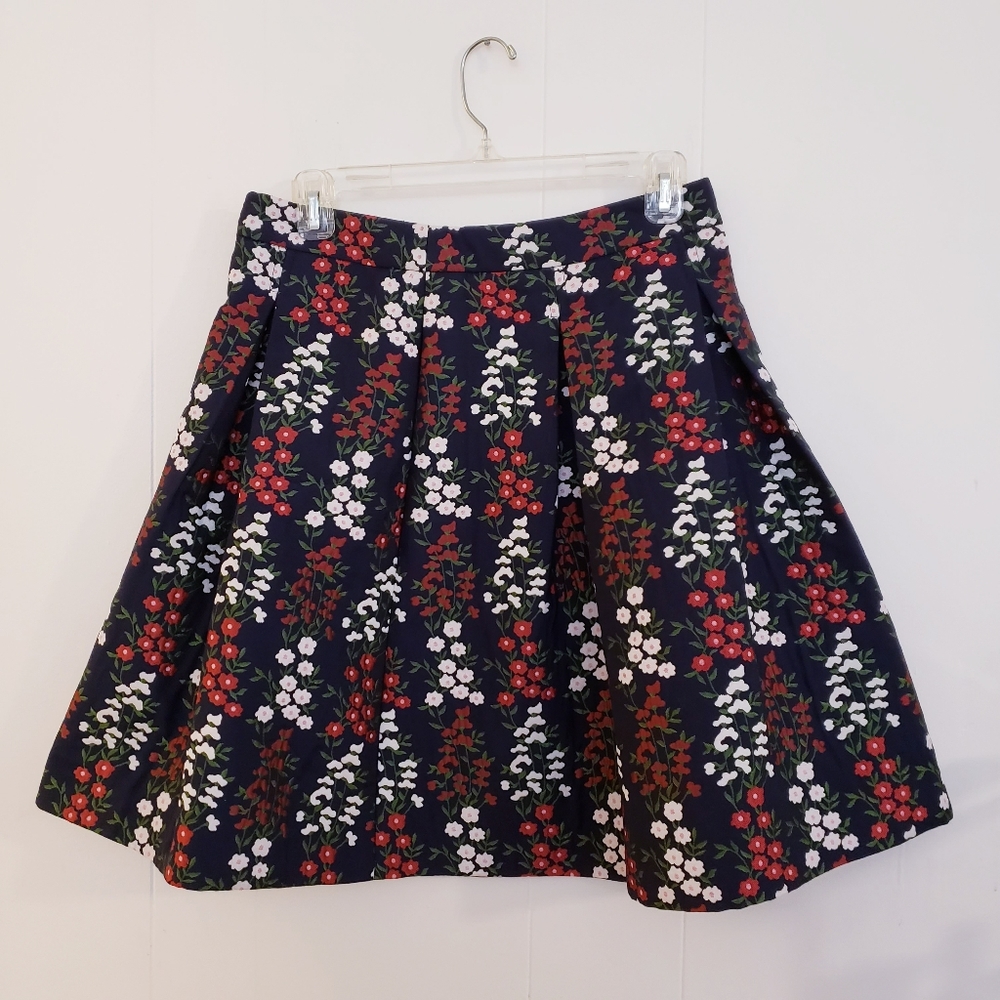 Brooks Brothers Skirt Petite 6P Navy Blue Floral Jacquard Pleat A-Line L…
